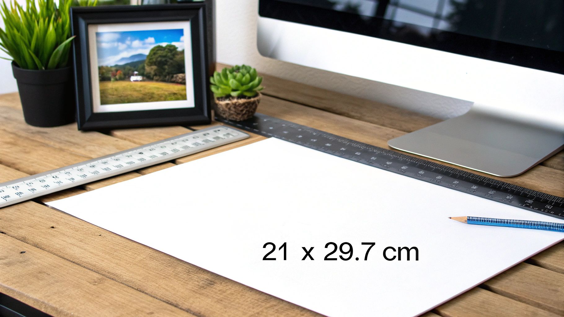 A white A4 paper with dimensions 21 x 29.7 cm on a wooden desk with rulers and stationery.