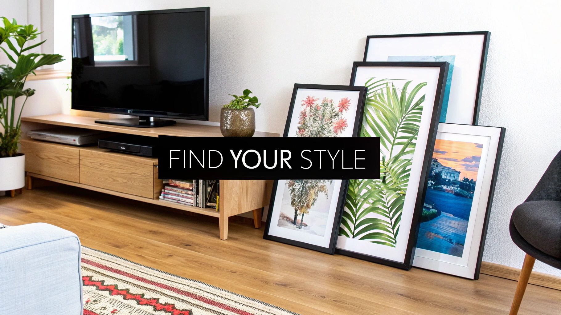 A living room with a gallery wall of music and football-themed art prints.