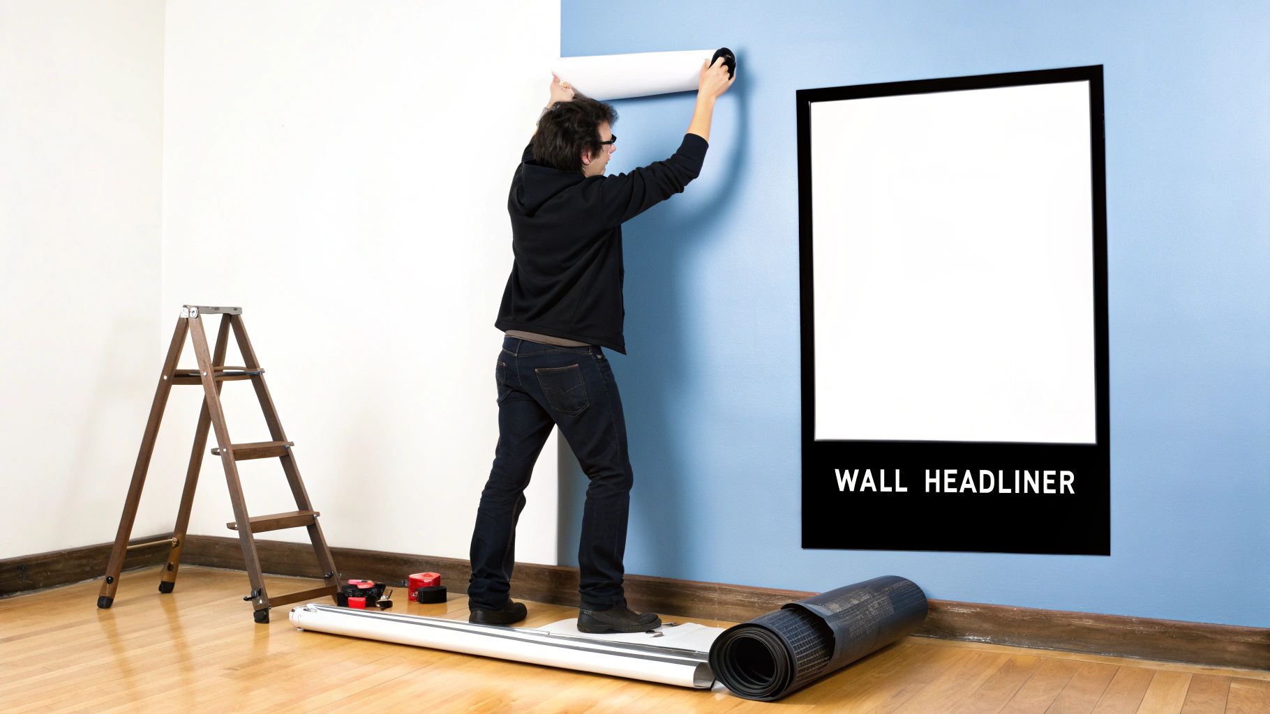 A man carefully hangs a large white poster or wallpaper onto a blue wall. A ladder and tools are on the wooden floor.
