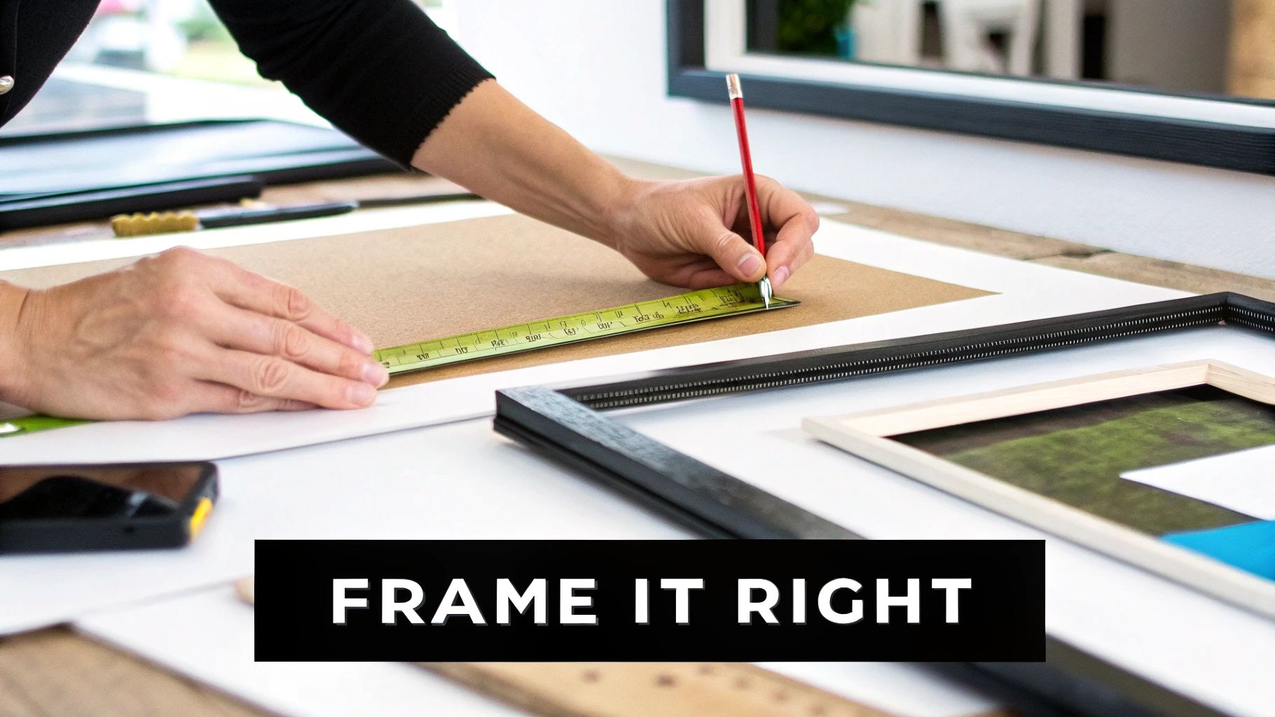 Hands carefully measuring a mat board with a ruler and pencil, surrounded by various picture frames.