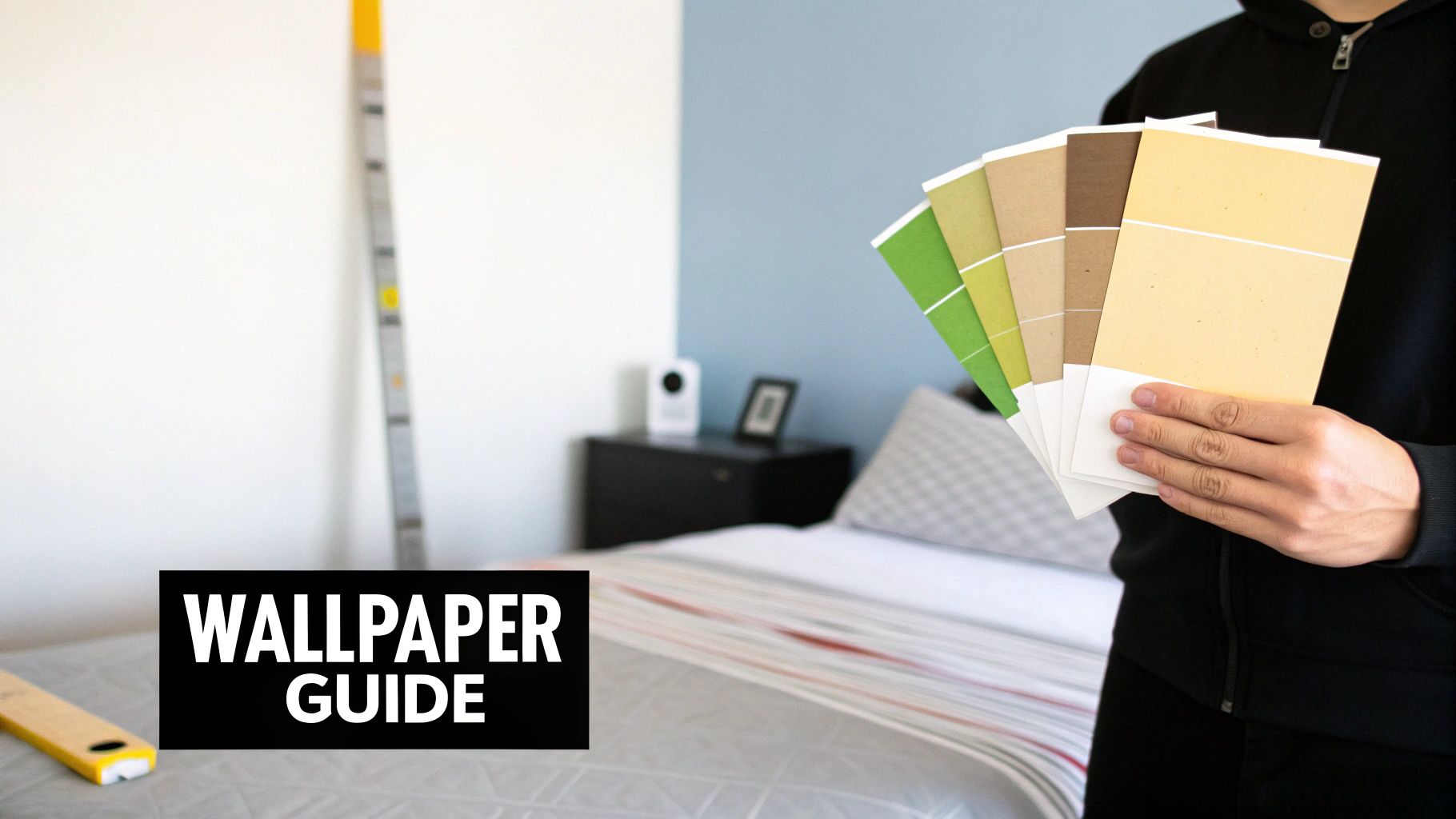 Person holding various wallpaper color swatches in a bedroom, with tools nearby for home renovation.