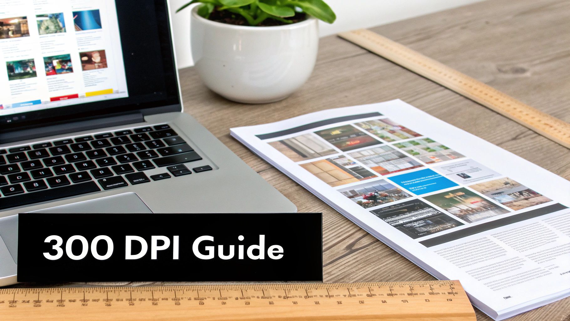 A workspace with a laptop, a printed document titled '300 DPI Guide', a plant, and a ruler on a wooden desk.