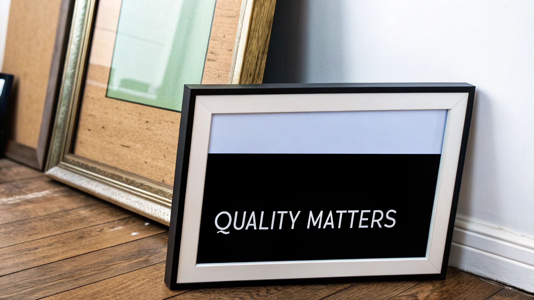 Several picture frames lean against a white wall on a wooden floor, one frame reads 'QUALITY MATTERS'.