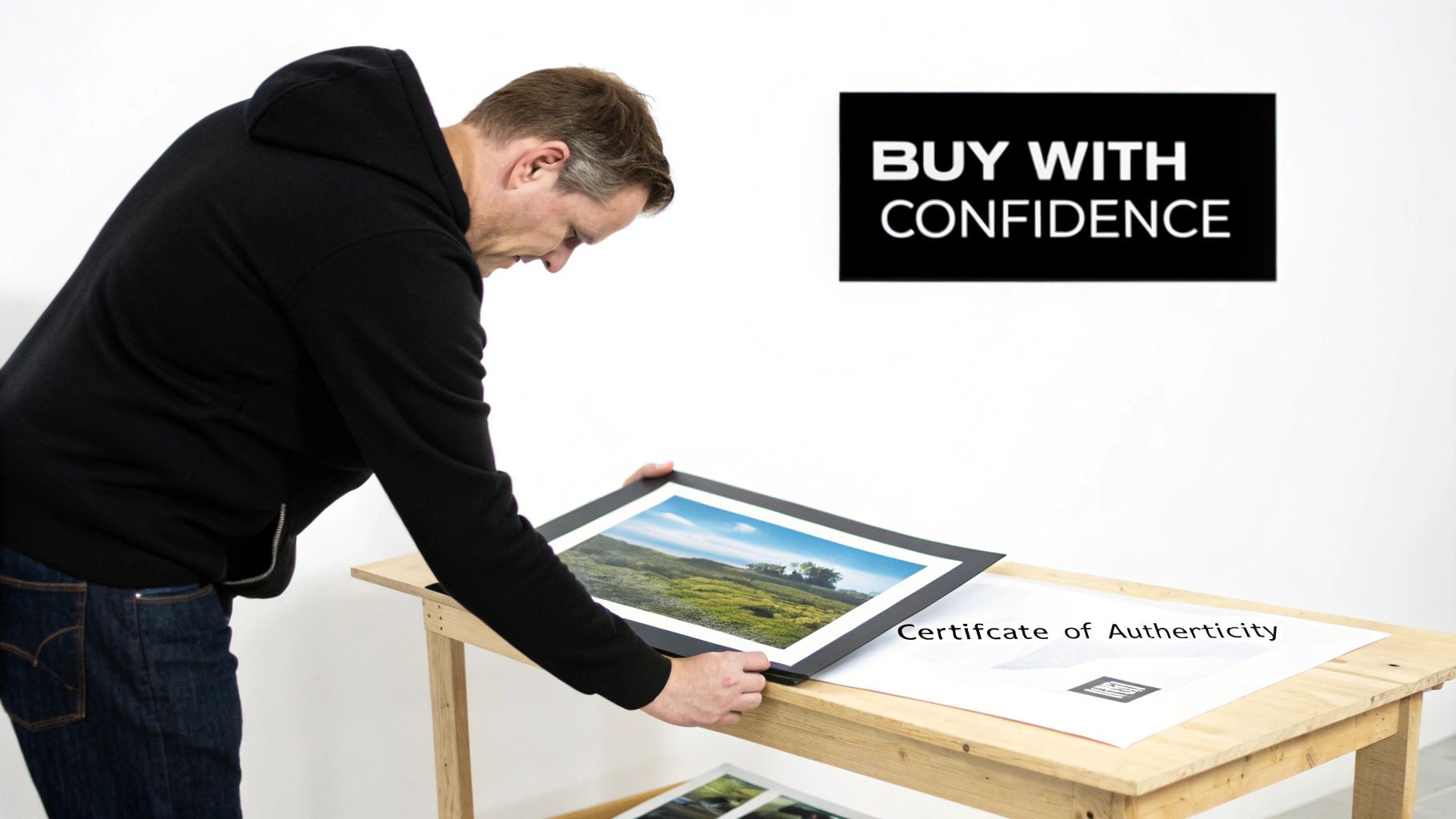 A man carefully places a framed landscape print onto a wooden table with a visible Certificate of Authenticity.