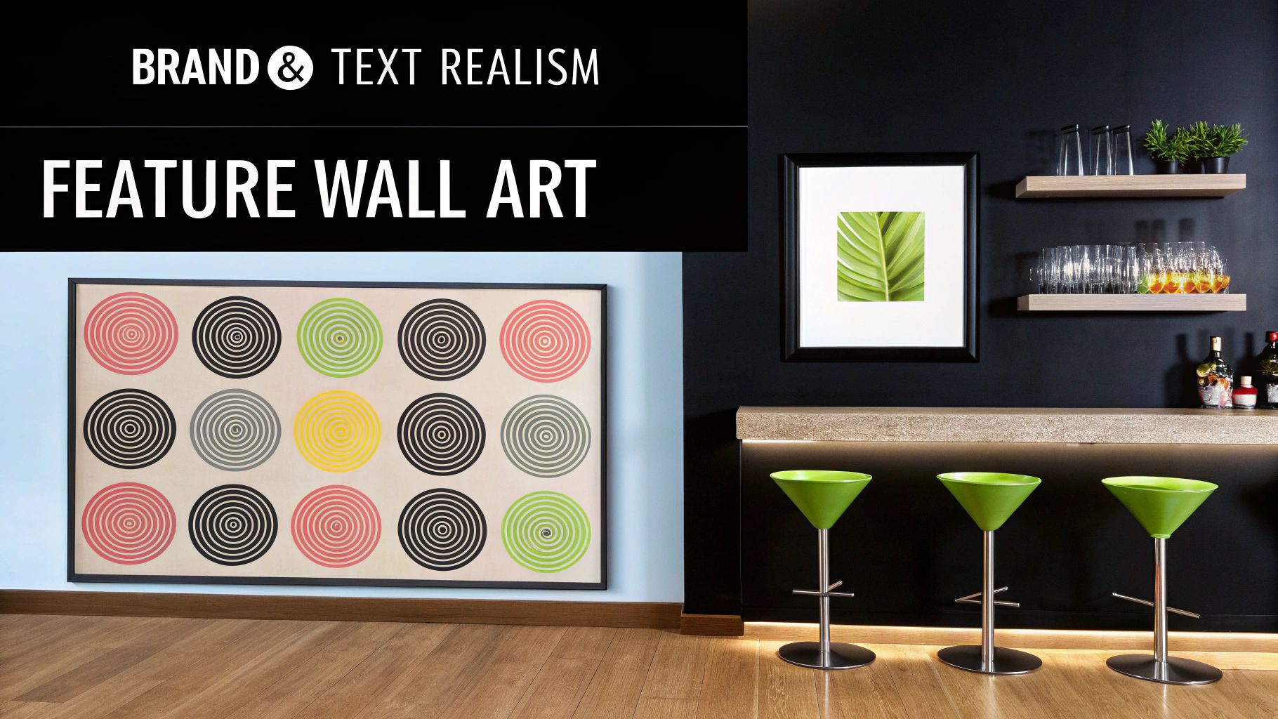 Vibrant Striped Circle prints on a bar feature wall