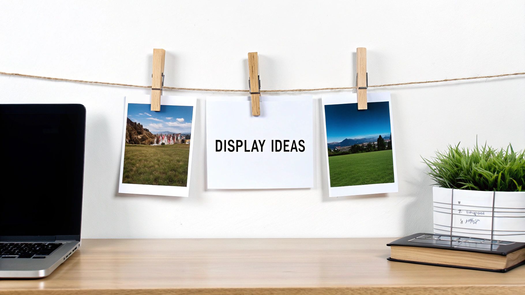 A creative display of art on postcards arranged on a wall with various decorative items.