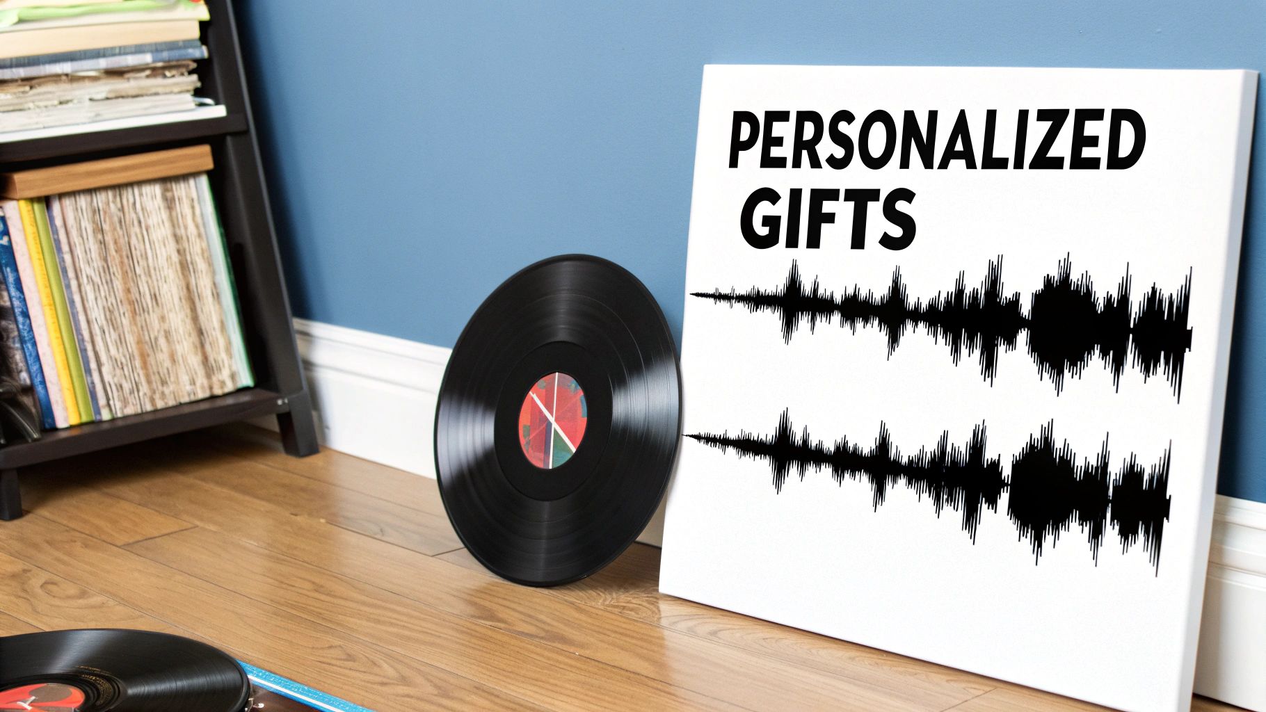 A stylish music-themed art print hanging on a modern wall.