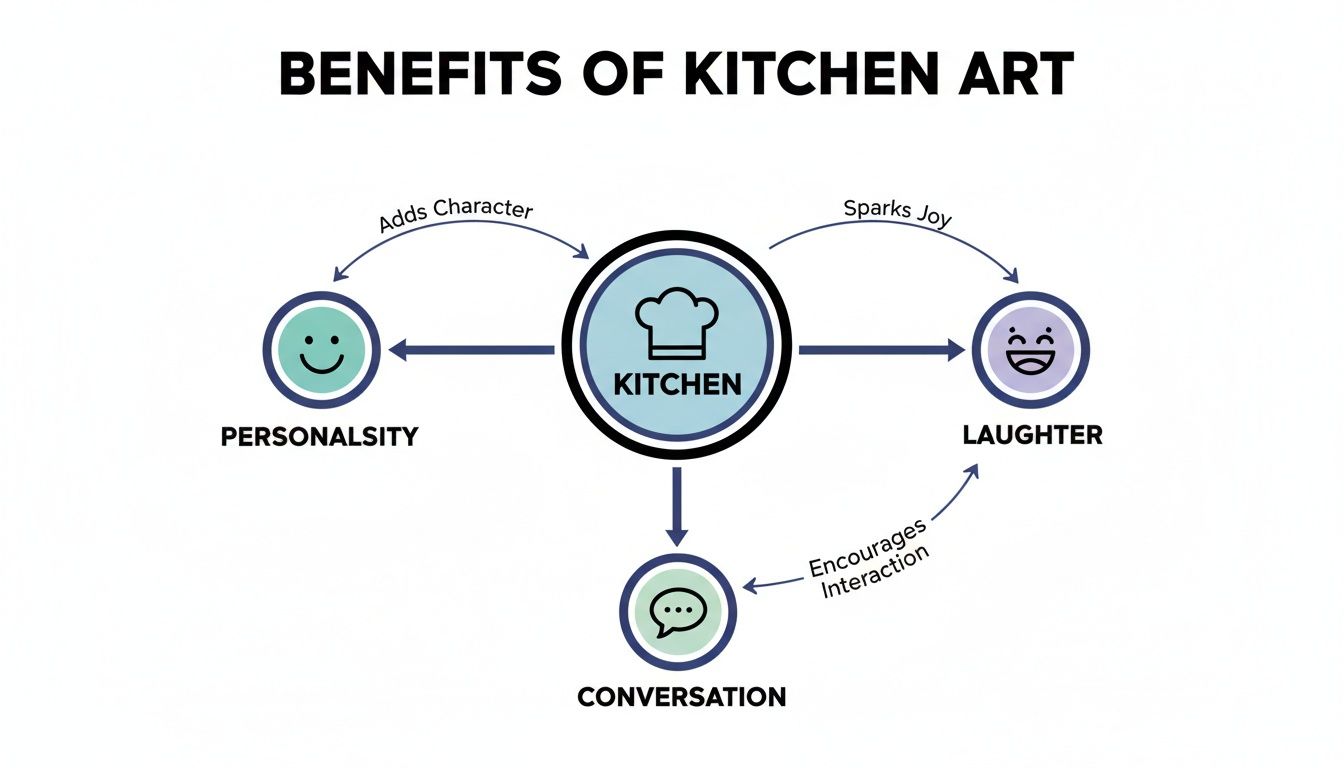 A mind map illustrating the benefits of kitchen art, including personality, laughter, and conversation.