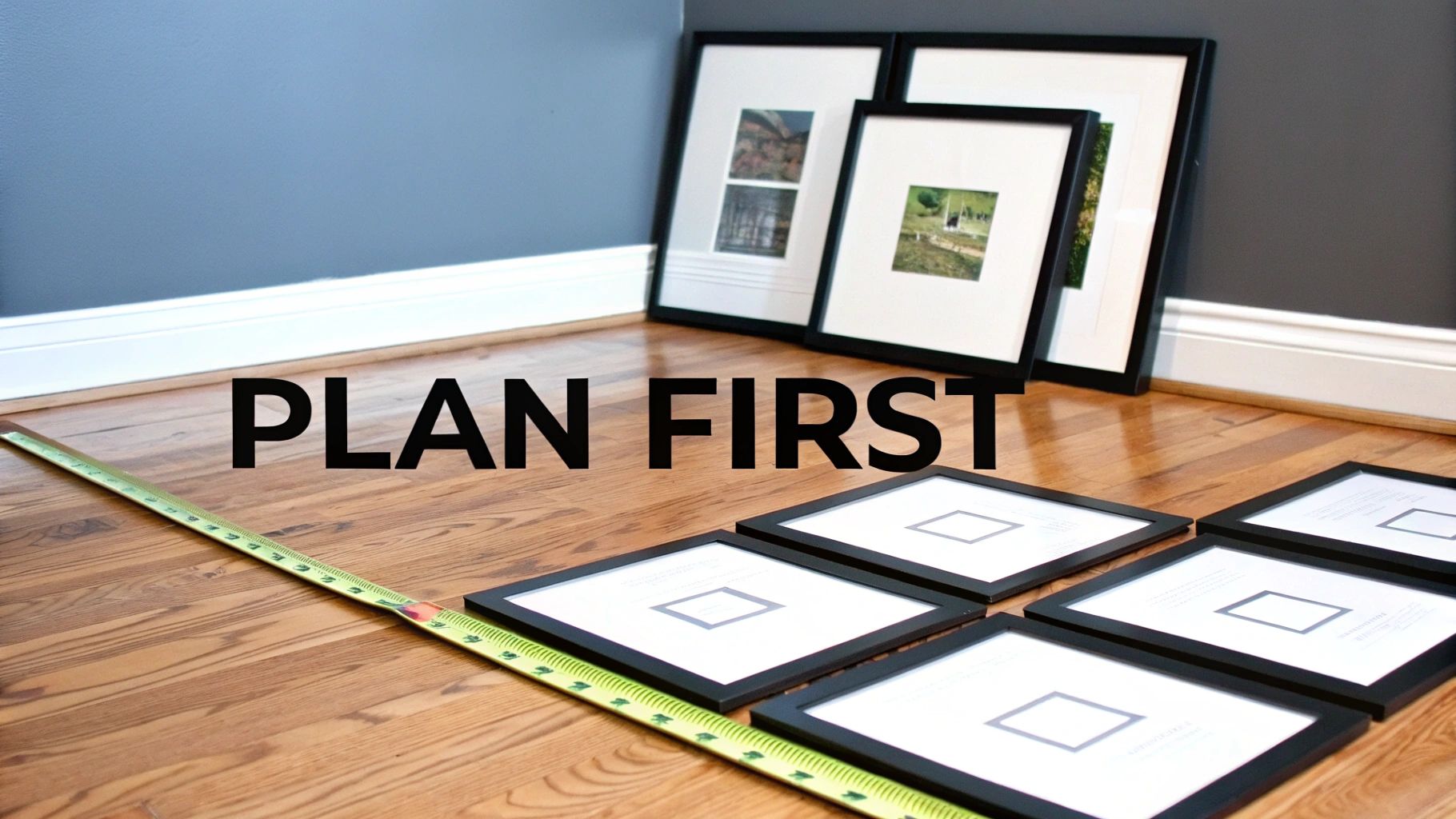 Picture frames leaning against a wall and on a wooden floor, with a measuring tape, emphasizing planning.