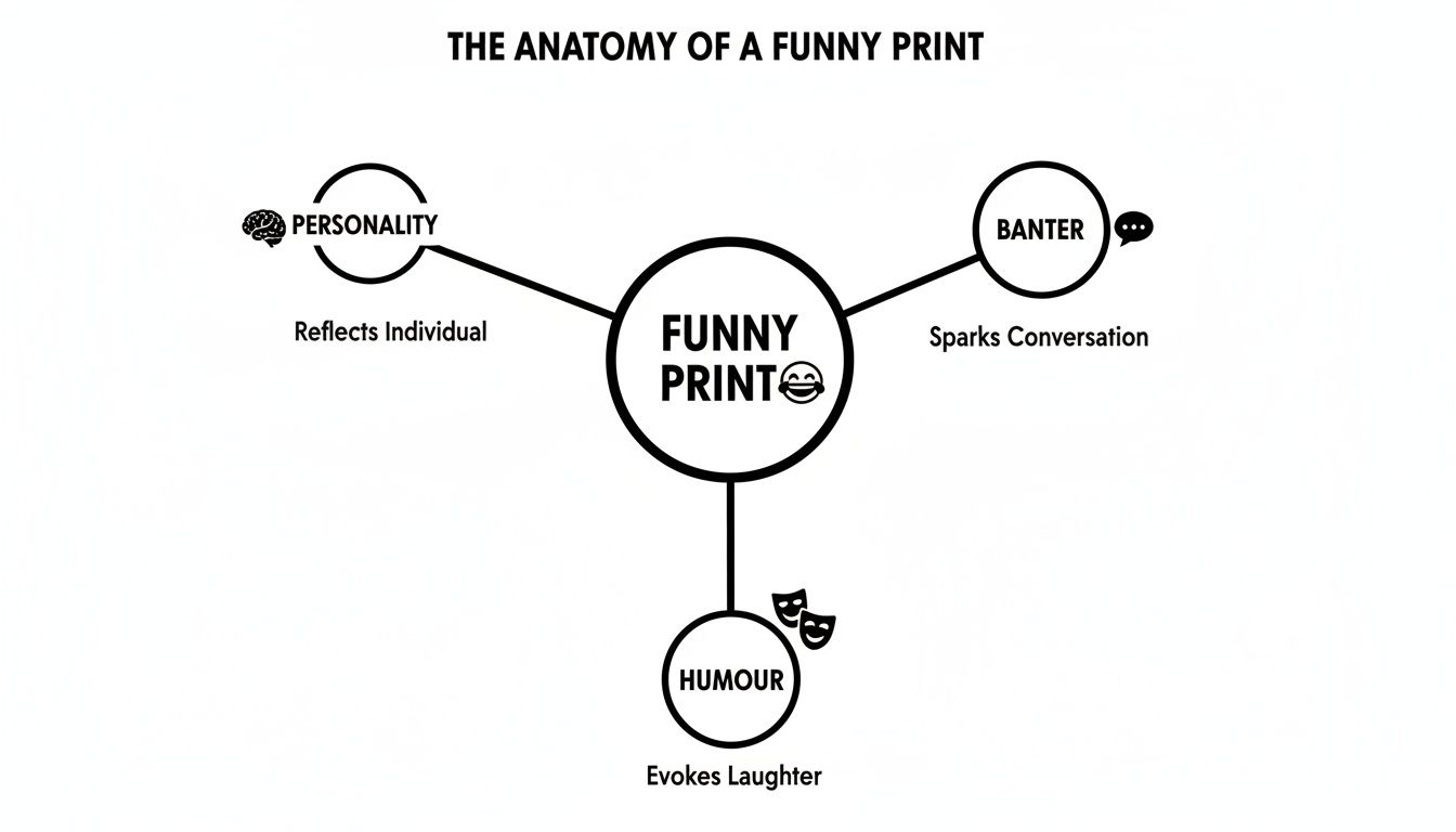 Diagram explaining the anatomy of a funny print, combining personality, banter, and humour.