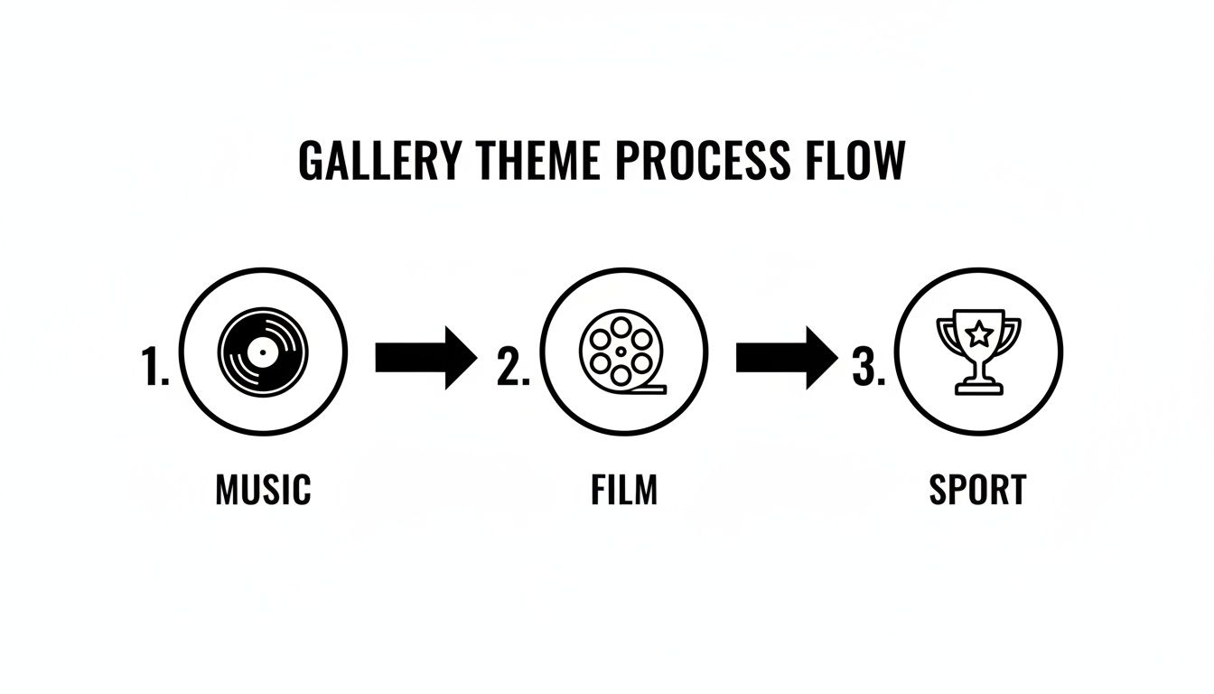A process flow diagram illustrating three gallery themes: Music, Film, and Sport, represented by icons.
