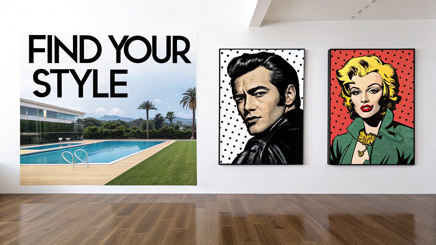 A collection of colourful pop art prints featuring musicians and cultural icons on a wall.