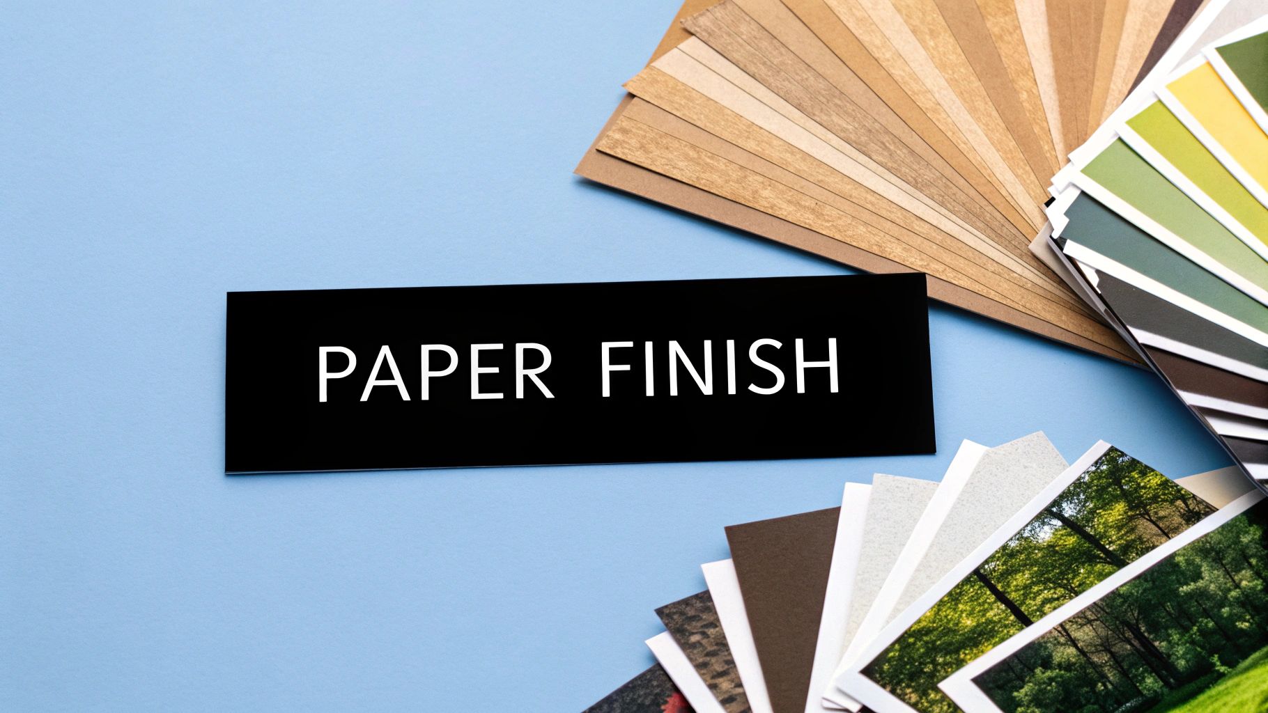 A black sign reading 'PAPER FINISH' surrounded by various paper and color swatches on a blue background.