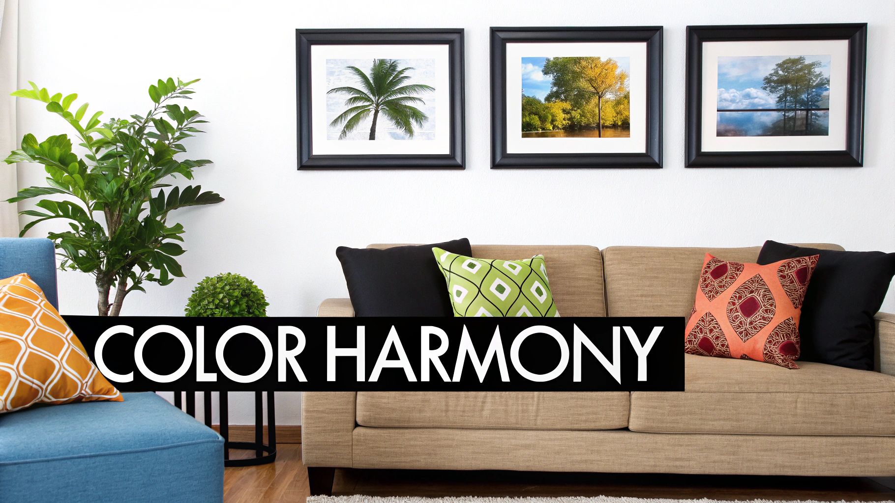 A minimalist living room with a striking piece of colourful abstract art hanging above a neutral-coloured sofa.