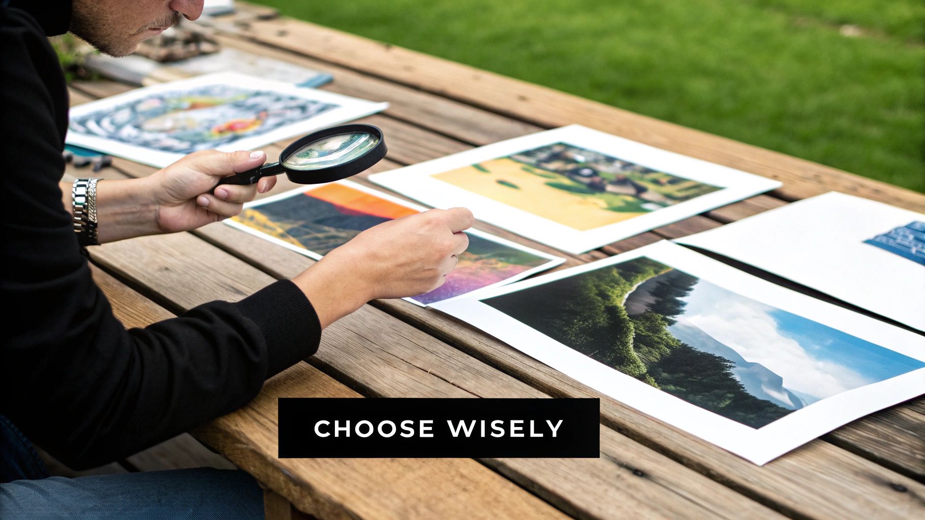 A person looking at a gallery wall featuring a variety of framed pop culture artwork.