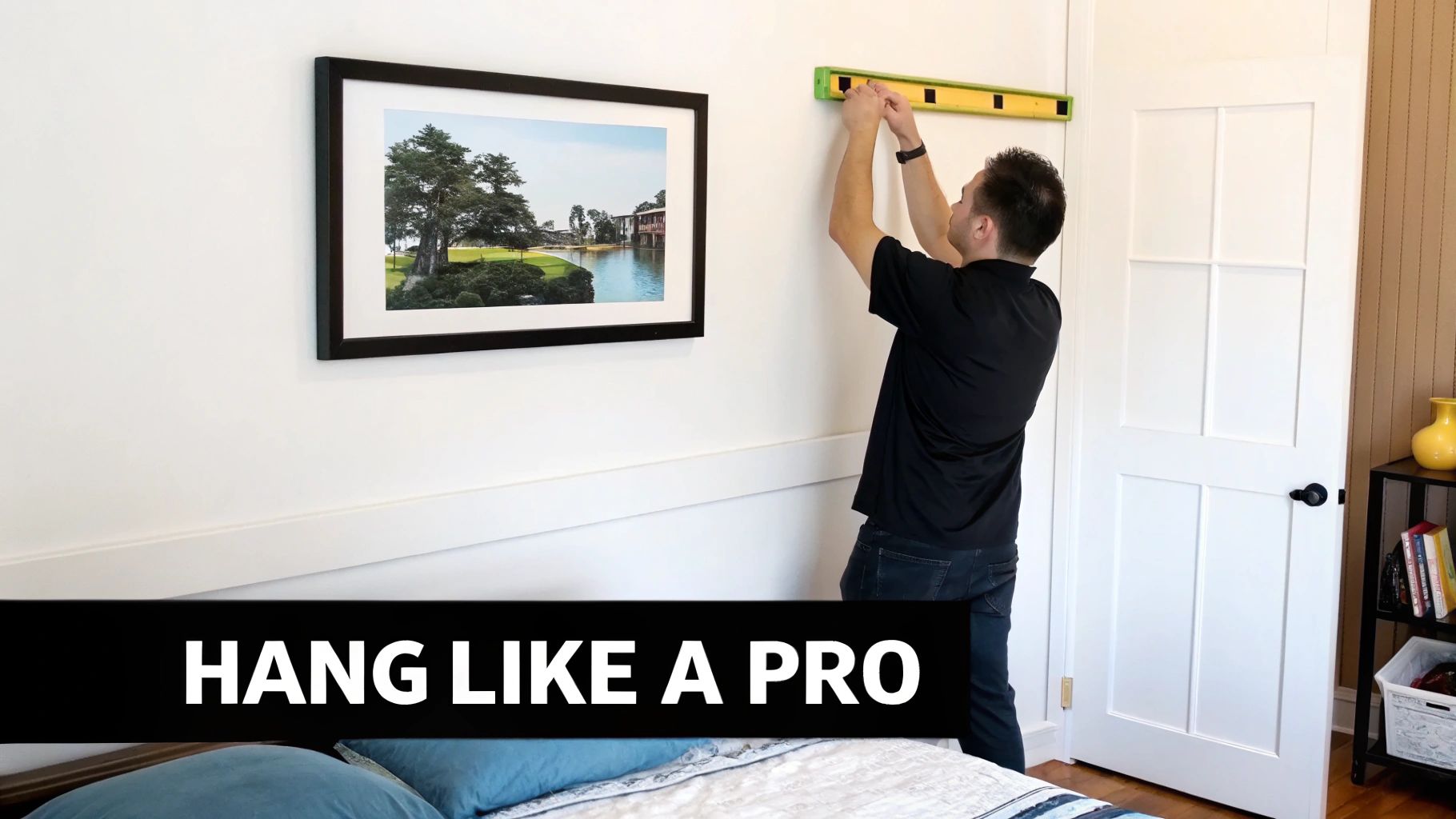 A man uses a level to hang decor on a white wall in a bedroom next to a framed picture.