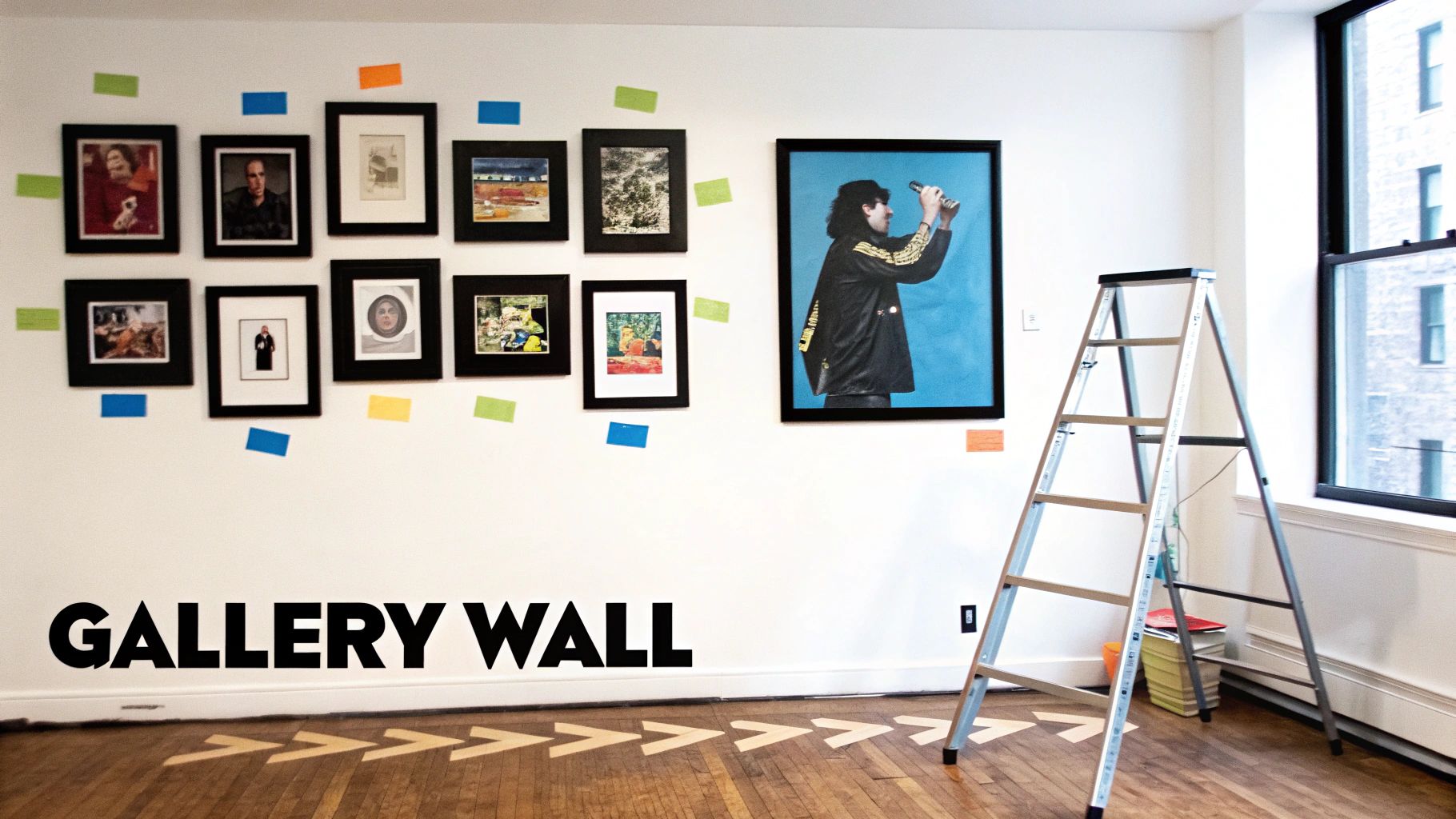 An art gallery wall featuring multiple framed photographs and paintings, with a stepladder by a window.