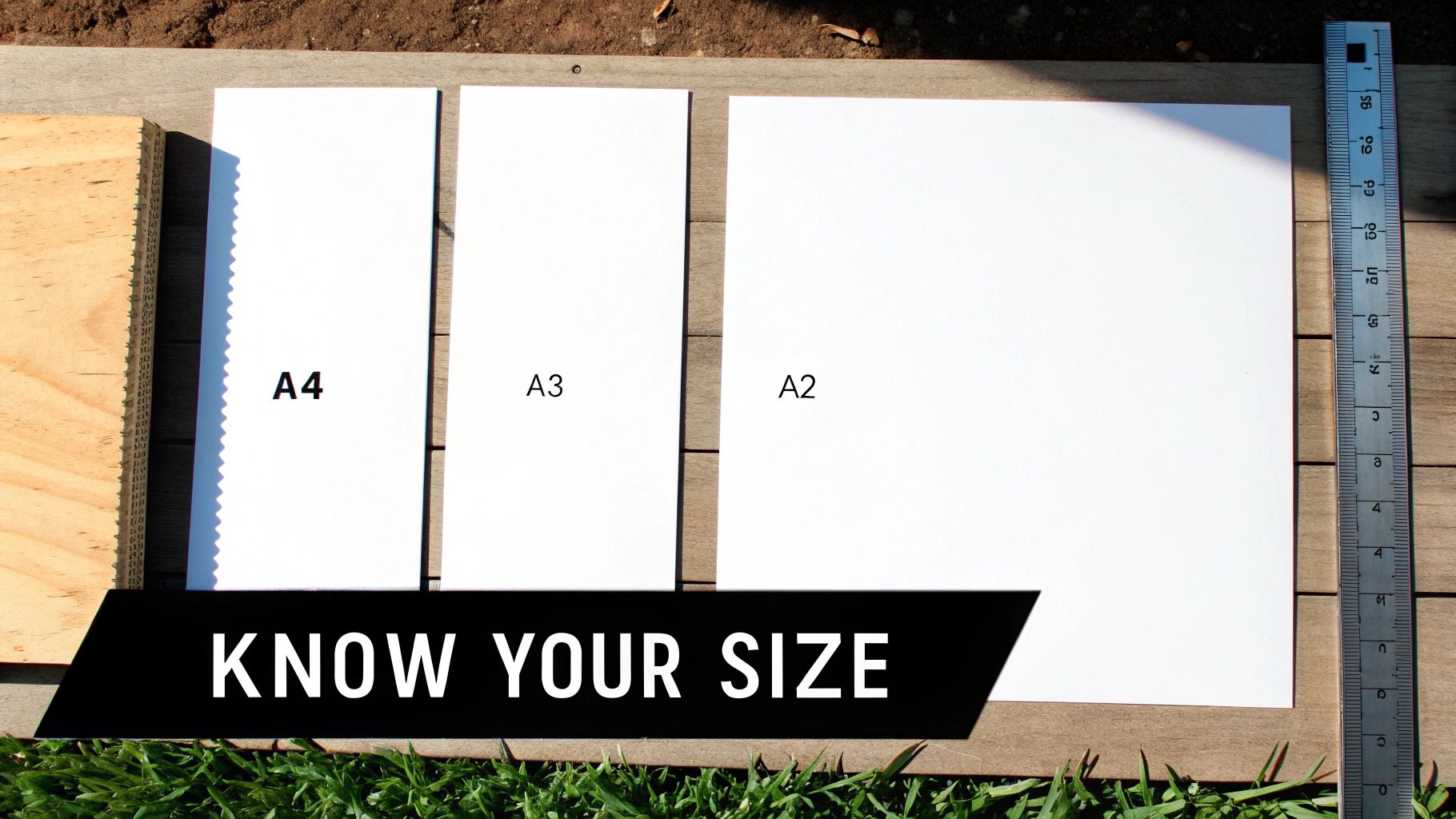 Comparison of A4, A3, and A2 paper sizes with ruler showing measurement scale