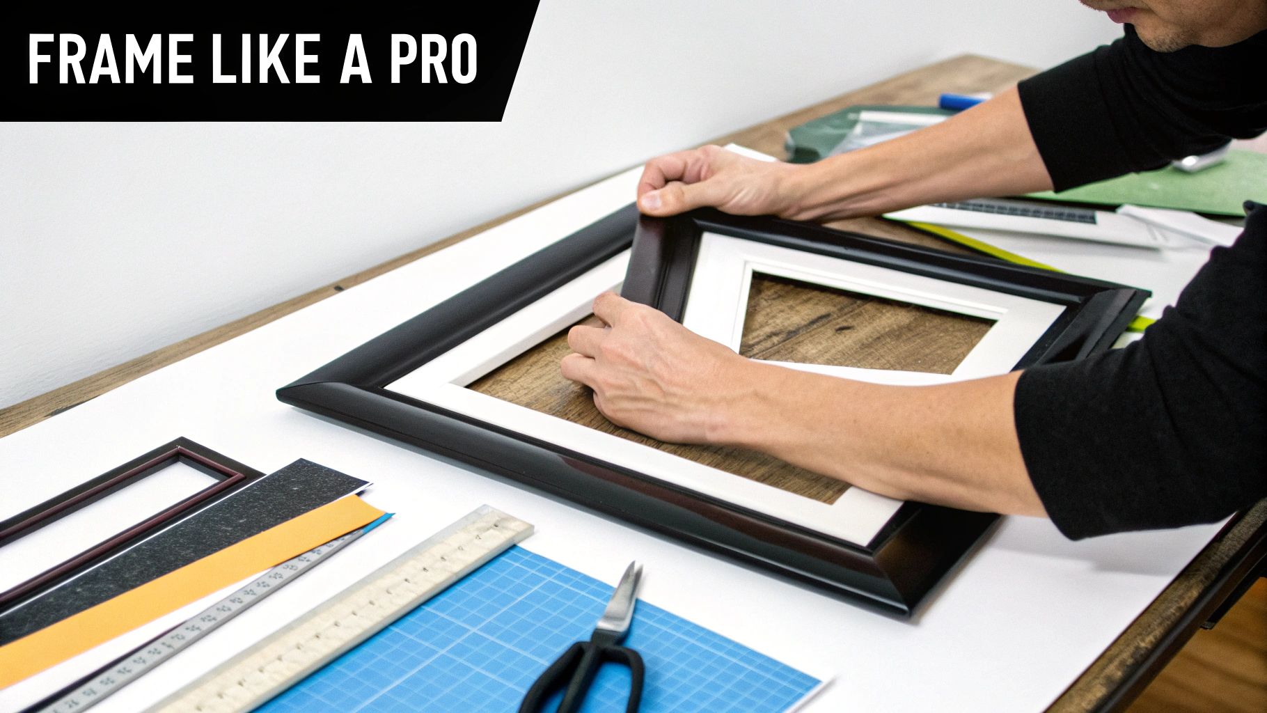 A person's hands assemble a black picture frame with a white mat on a table with framing tools.