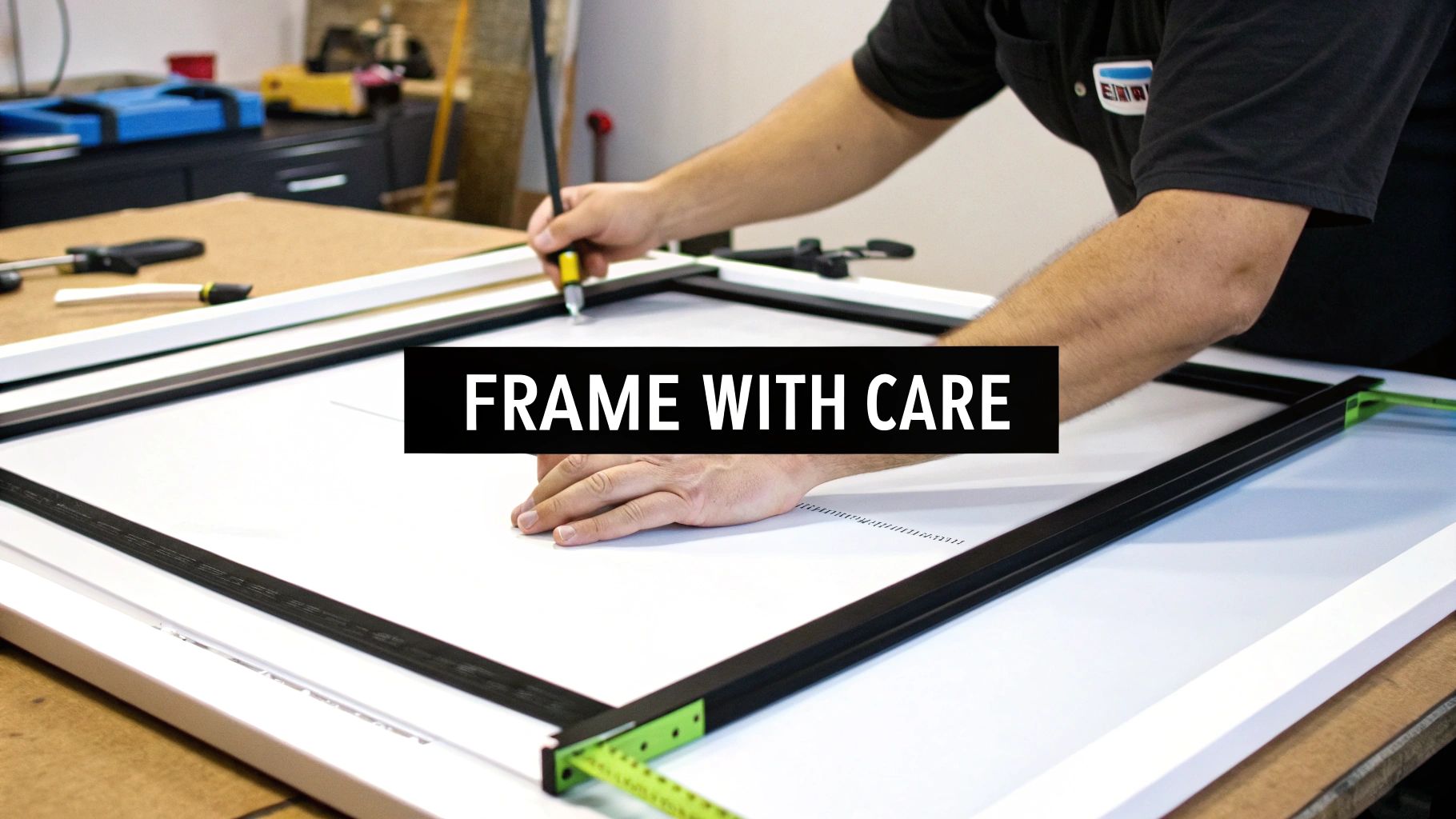 A person's hands carefully assemble a black and white picture frame on a white workbench, with a text overlay.