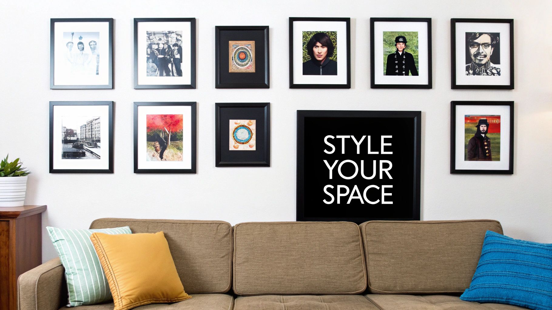 A gallery wall with multiple framed pictures above a cozy brown couch with pillows.