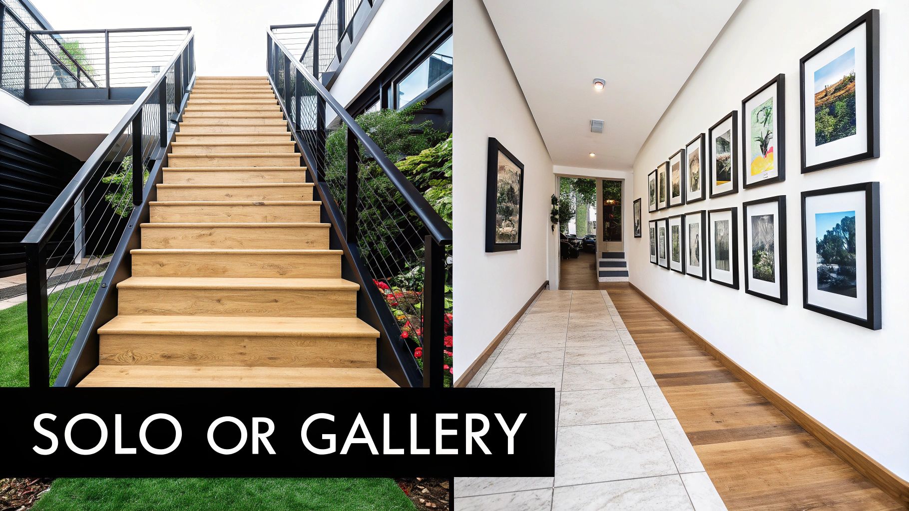 A split image showing a modern outdoor wooden staircase and an indoor hallway with a gallery wall.