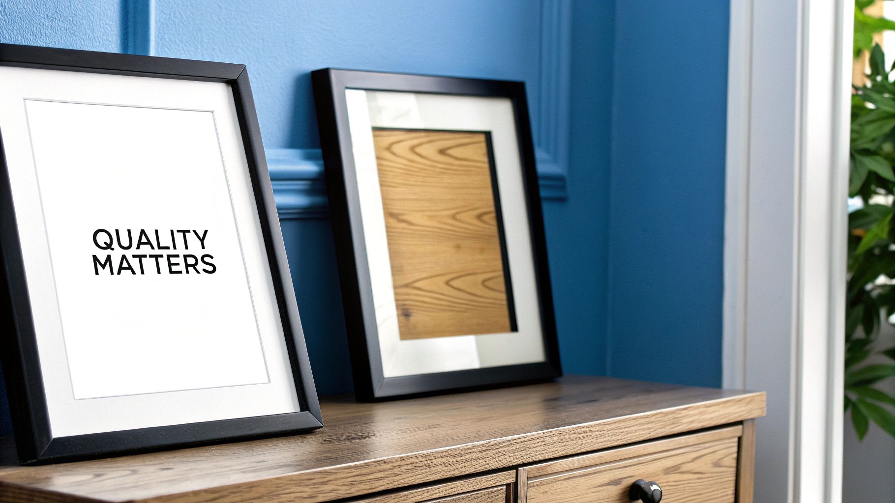 Two black picture frames, one with 'QUALITY MATTERS' text, leaning on a wooden dresser.