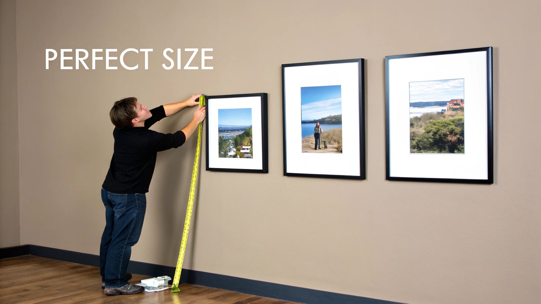 A person measures a framed picture on a wall with a yellow tape measure, demonstrating perfect size.
