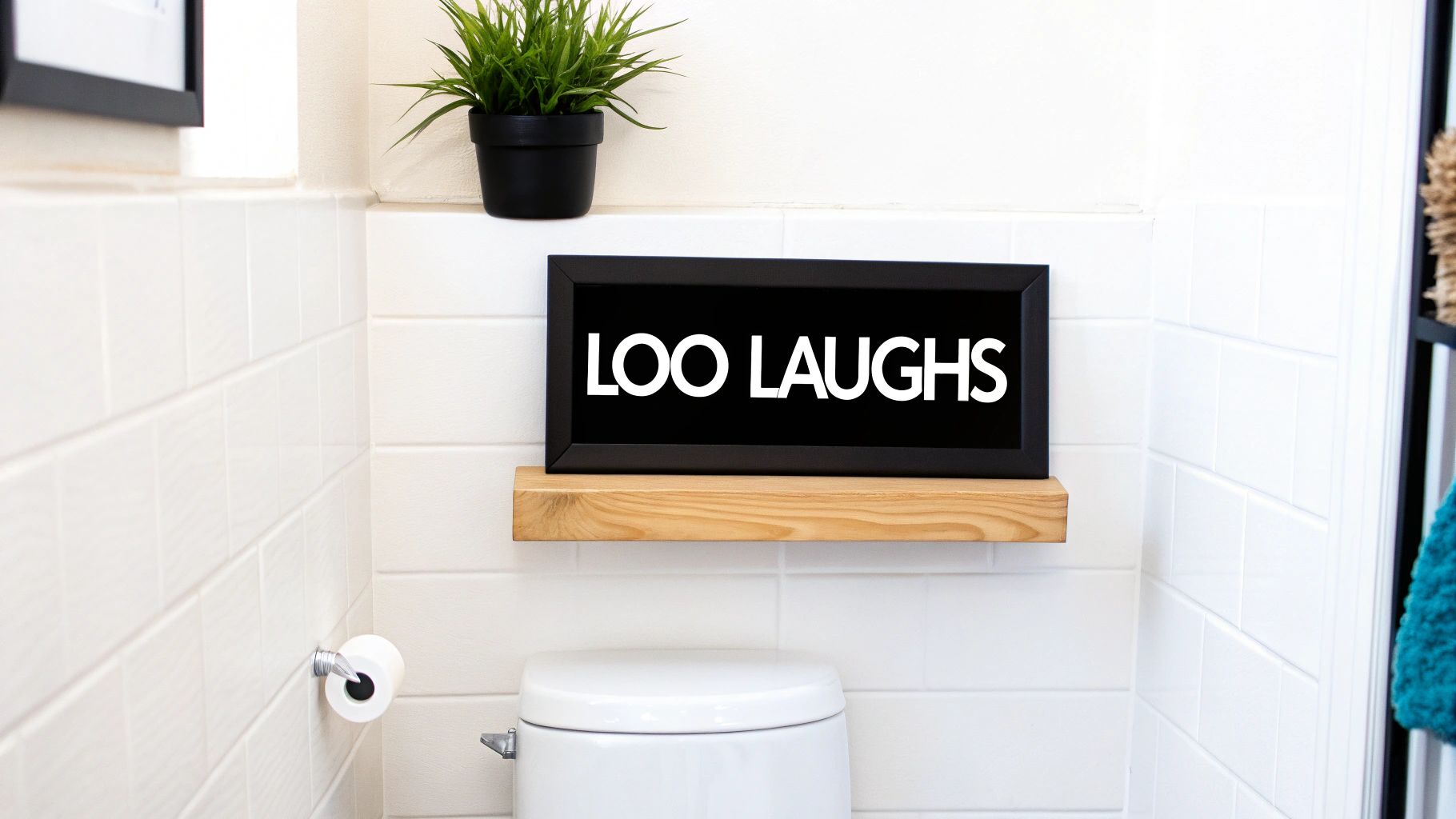 A black framed sign with 'LOO LAUGHS' in white text on a wooden shelf in a white tiled bathroom.