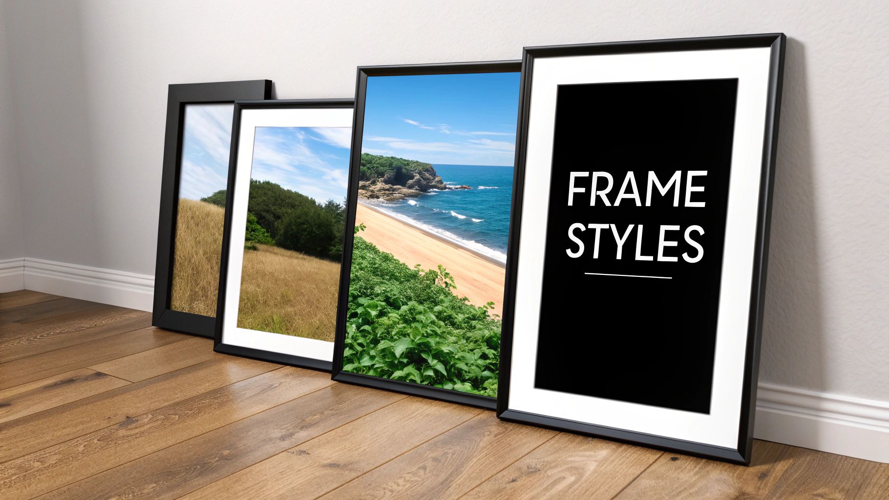 Four black framed pictures with white mats, displaying landscapes and text, leaning on a wooden floor.