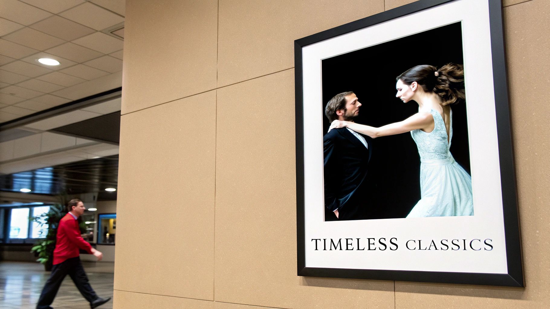 A framed "Timeless Classics" poster of a man and woman dancing, on a tan wall in a public building.