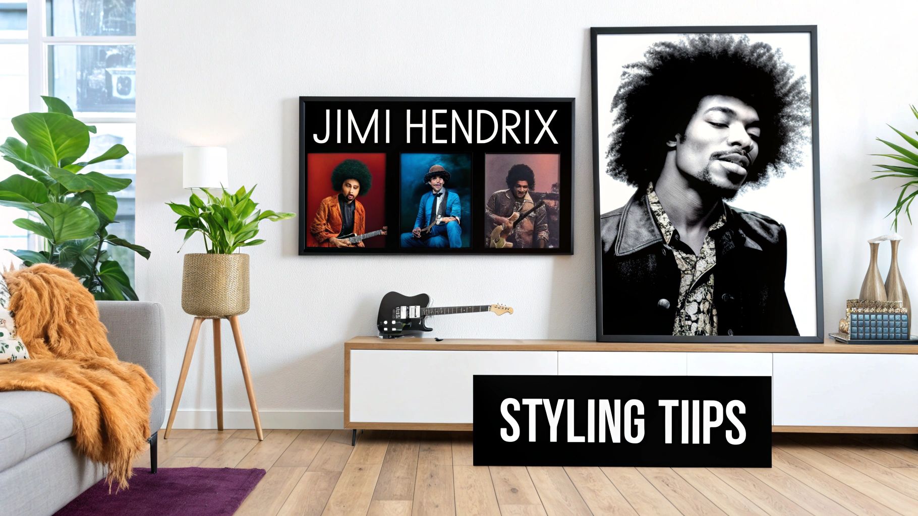 A large, striking Jimi Hendrix artwork print hanging above a modern sofa, acting as the room's main focal point.