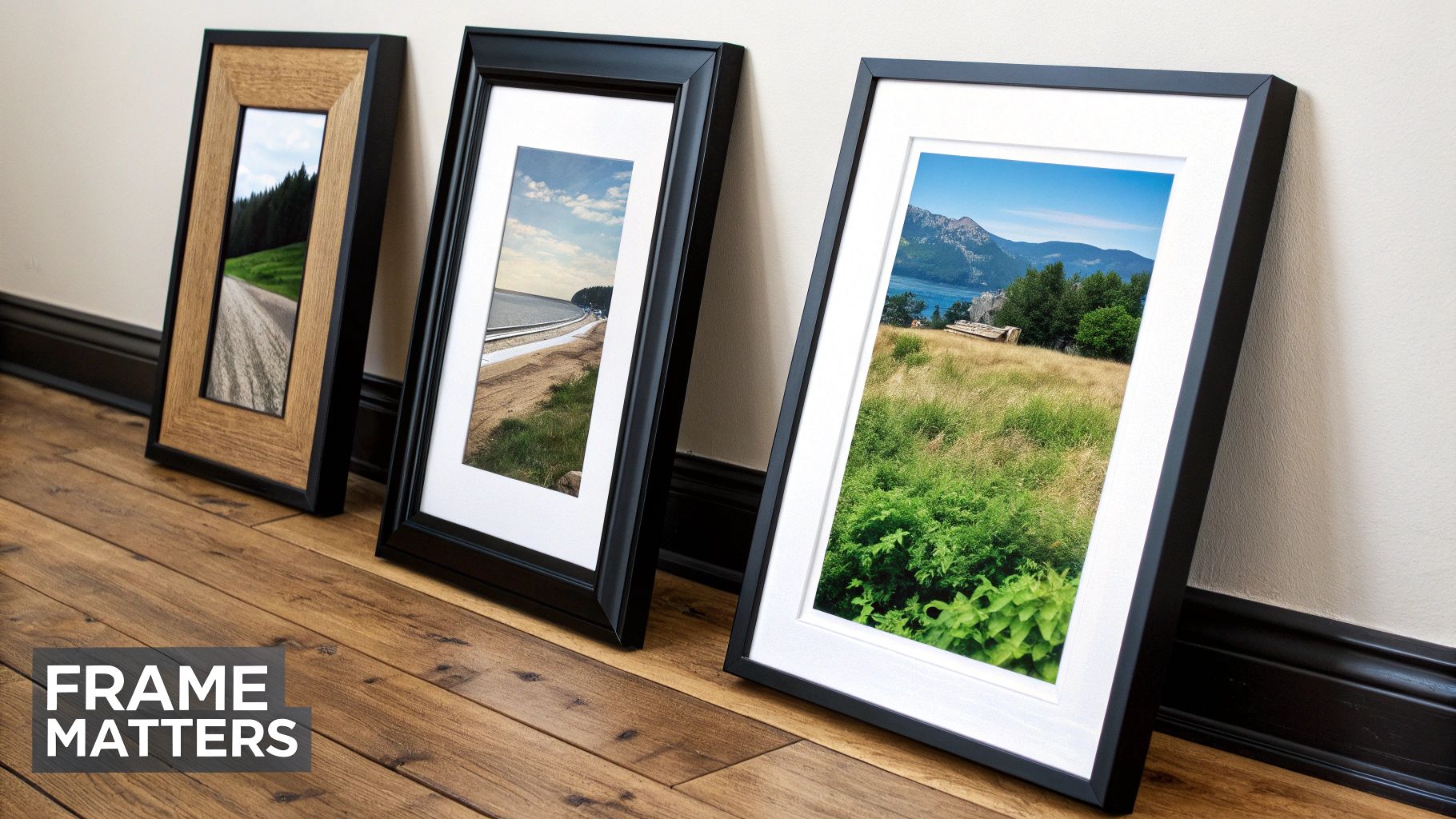 Three framed landscape photos, two black and one rustic, leaning against a wall on a wood floor.