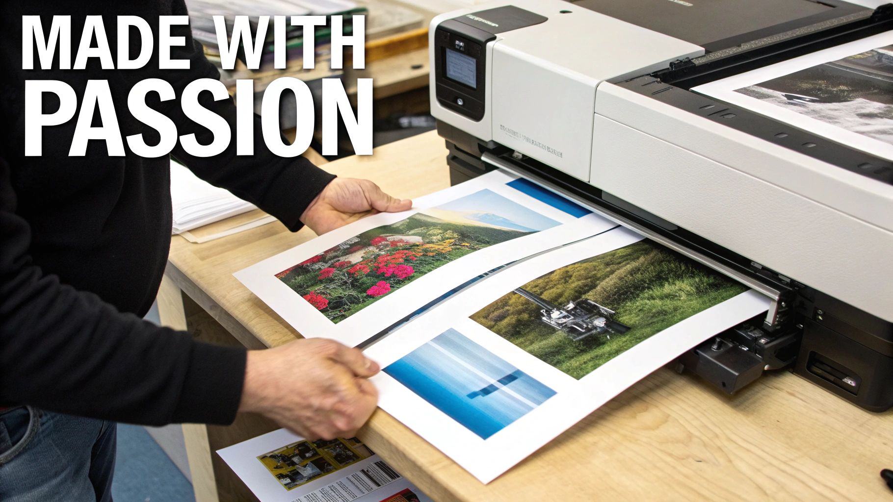 Hands feed vibrant landscape and abstract photo prints into a large format professional printer.