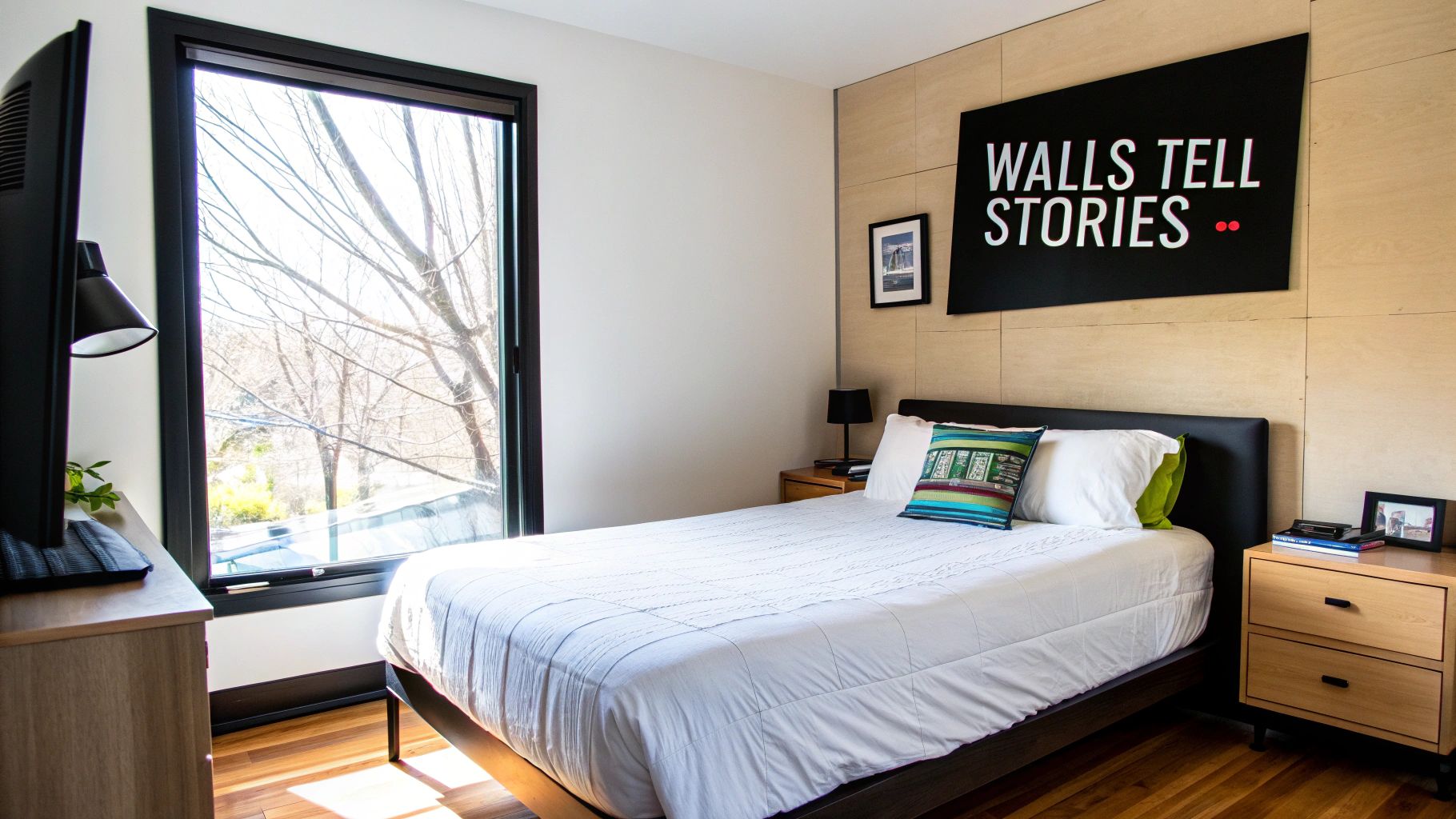 A bedroom wall decorated with several cool, framed posters featuring music and pop culture themes.
