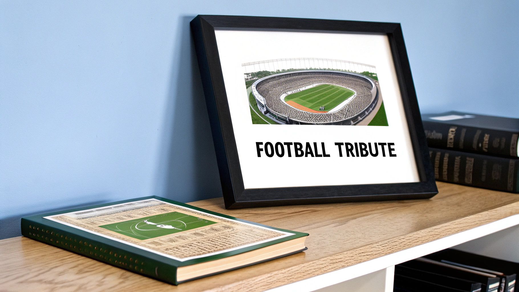 A framed 'Football Tribute' print featuring a stadium and a green book with a field design on a wooden shelf.