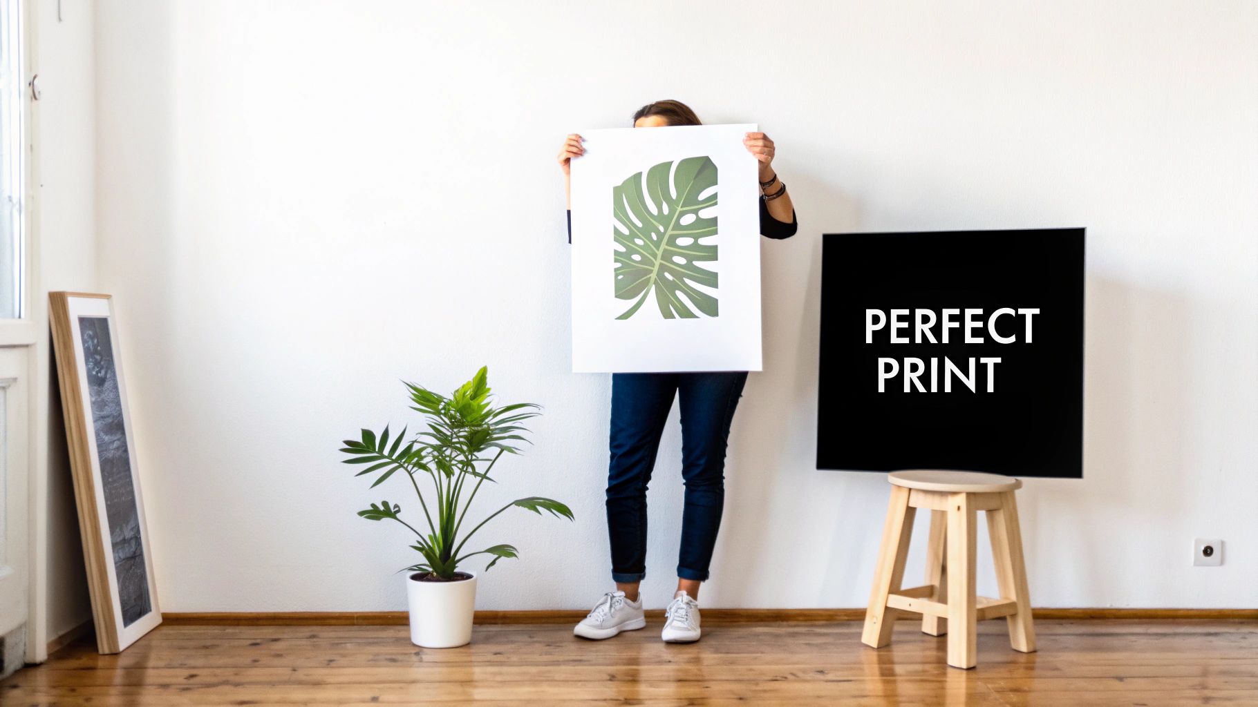 A person holds a large print of a green monstera leaf, flanked by a plant, framed art, and a "PERFECT PRINT" sign.