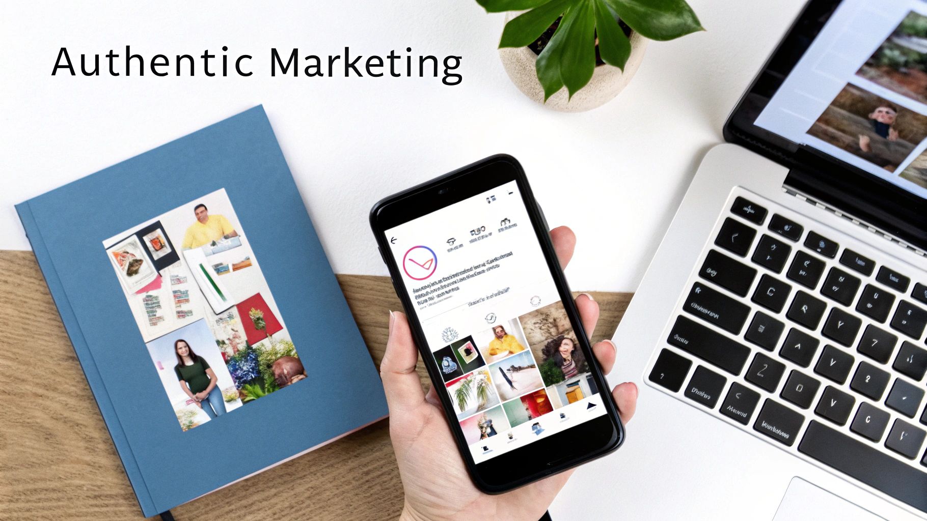 Overhead view of a person holding a smartphone, a laptop, and a notebook on a desk, with "Authentic Marketing" text overlaid.