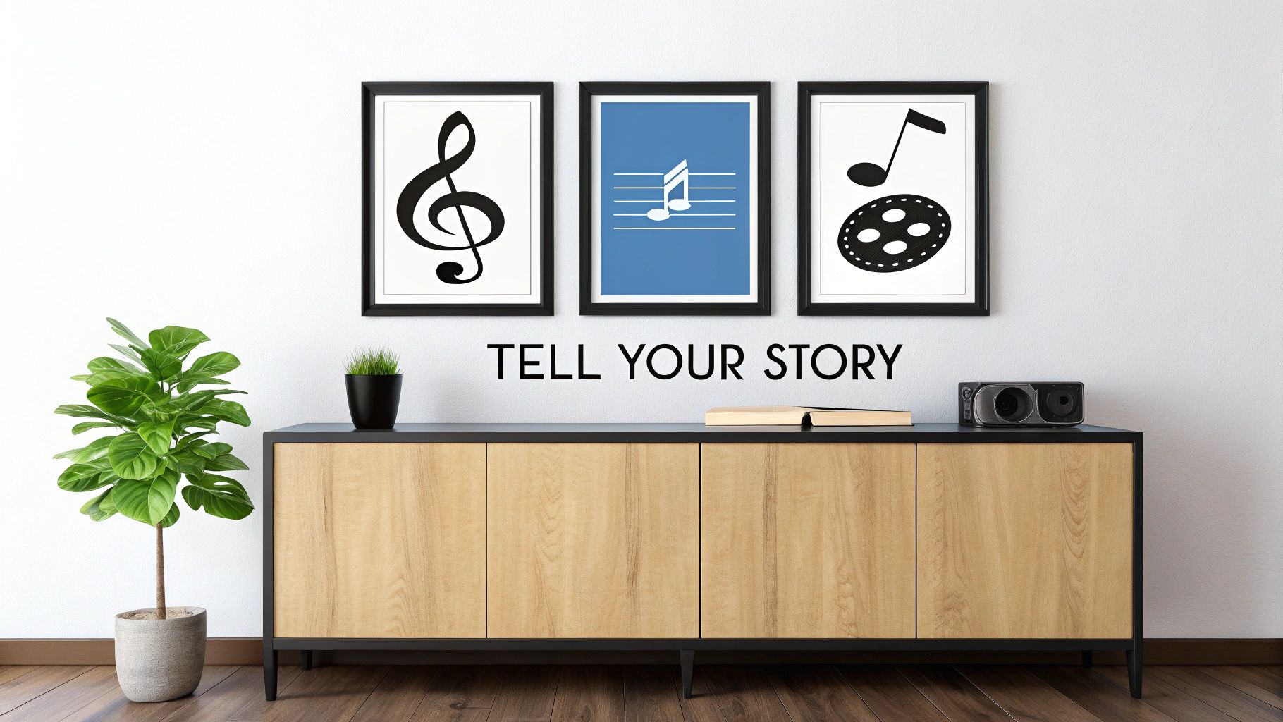 A dining room wall featuring a large, music-themed art print of a vinyl record player.