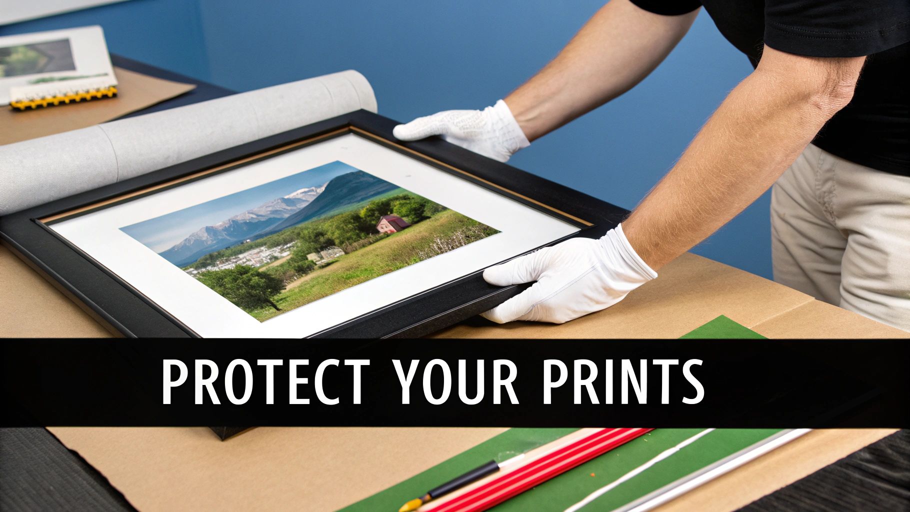 Person in white gloves carefully places a framed landscape print onto a cardboard surface, emphasizing protection.