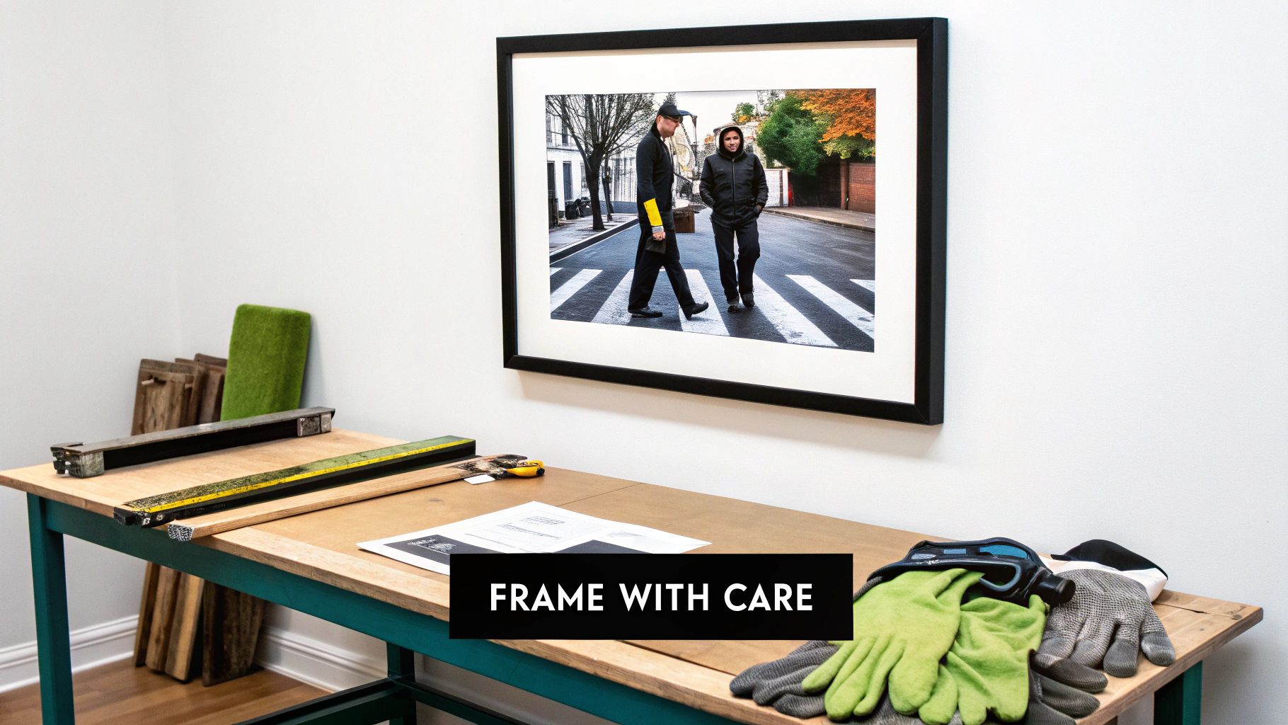Framed Beatles poster on a wall