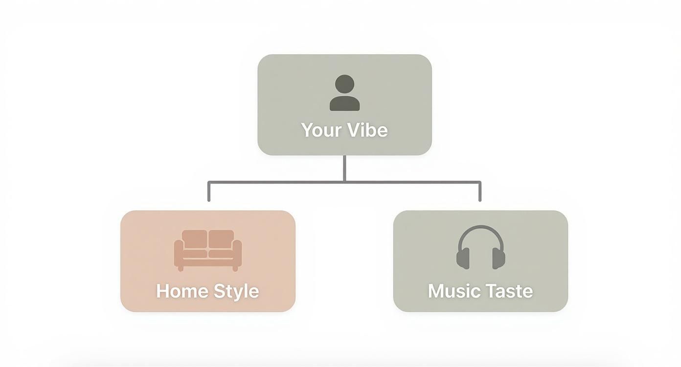 A conceptual diagram showing 'Your Vibe' connected to 'Home Style' with a sofa icon and 'Music Taste' with headphones.