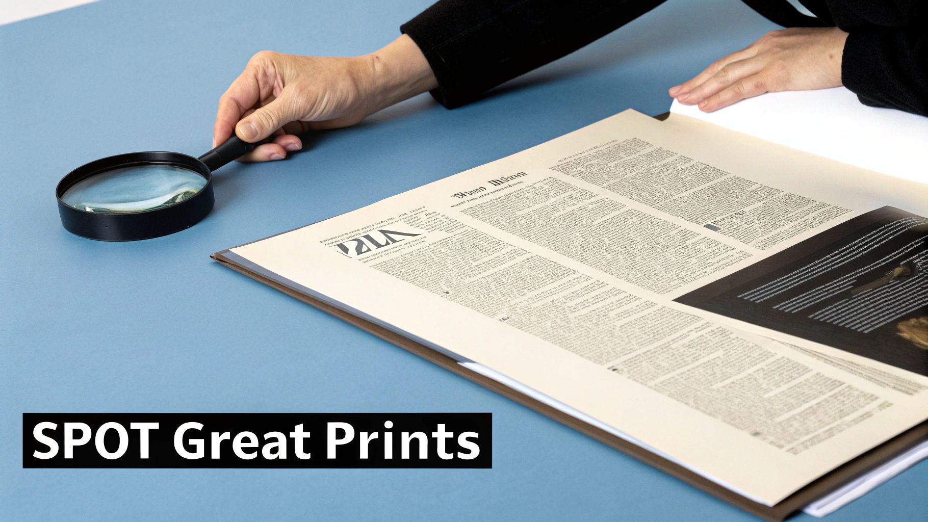 Person examining vintage newspaper print with magnifying glass on blue surface