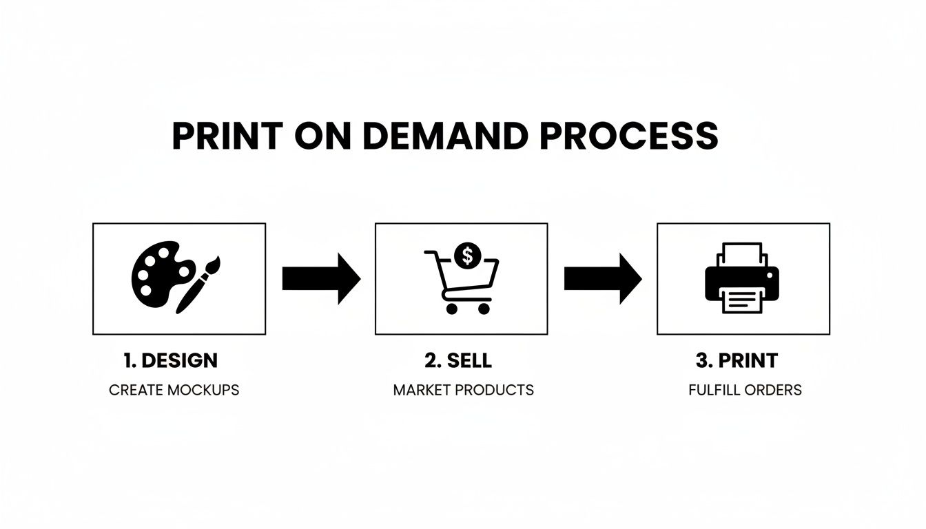 Diagram illustrating the print on demand business process, including design, sell, and print stages.