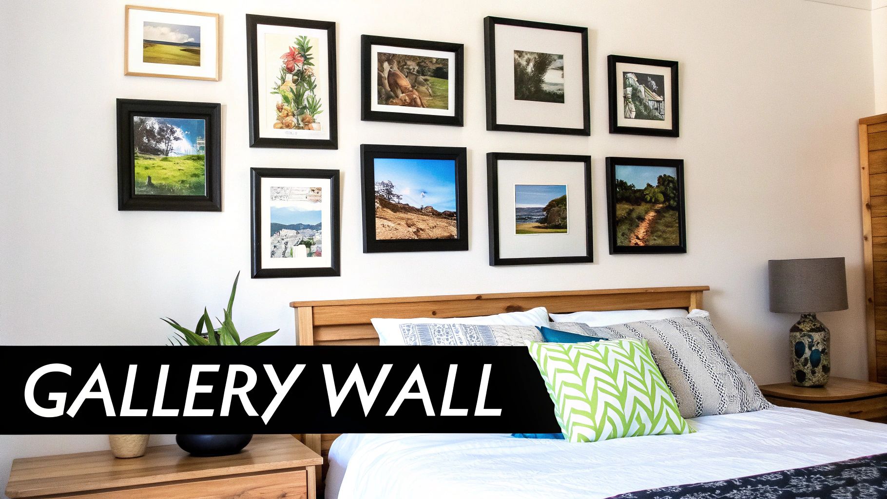 Gallery wall with framed nature photographs above wooden bed creating personalized bedroom decor