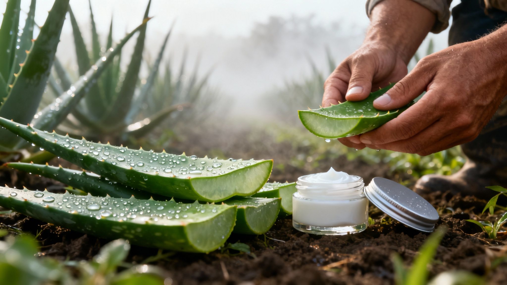 Close-up of hands preparing fresh aloe vera leaves with water droplets in a field, beside a jar of natural cream.