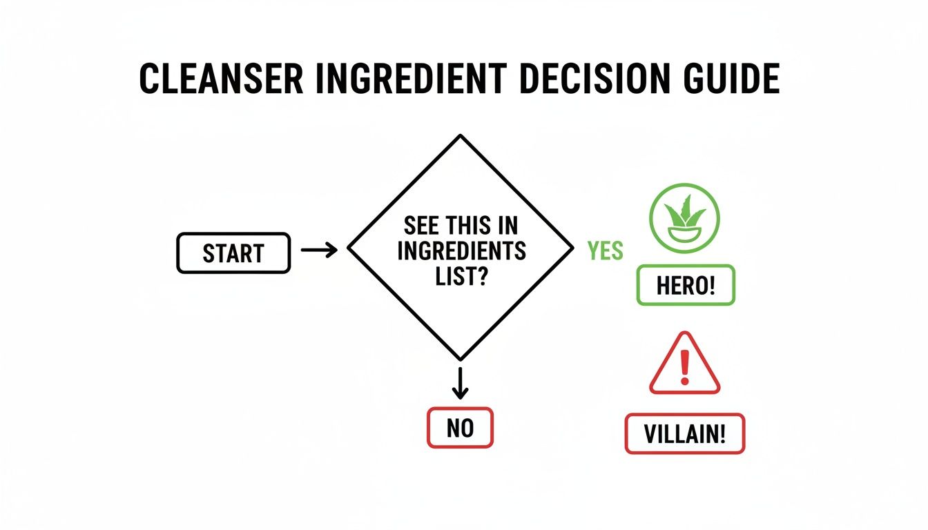 A cleanser ingredient decision guide flowchart indicating aloe vera as a hero and an unknown ingredient as a villain.