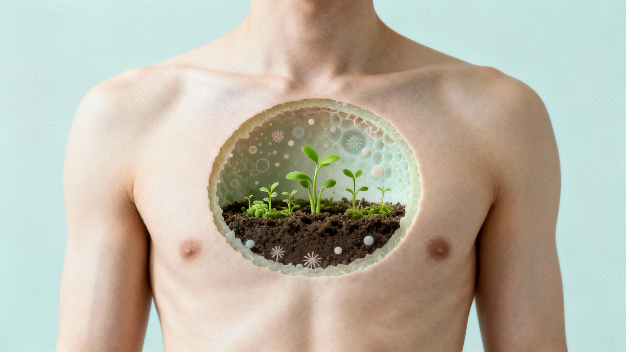 A person's chest with a circular opening revealing green sprouts in soil, representing gut health.