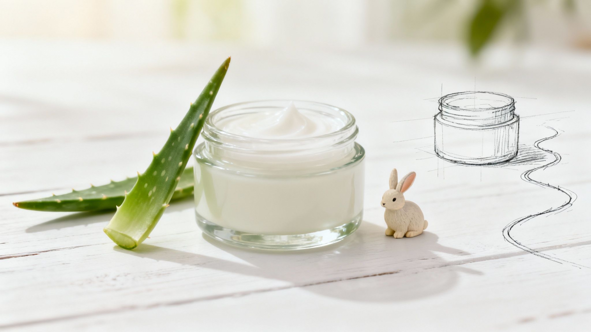 Aloe vera leaves, a jar of cream, a rabbit figurine, and a sketch on a white table.