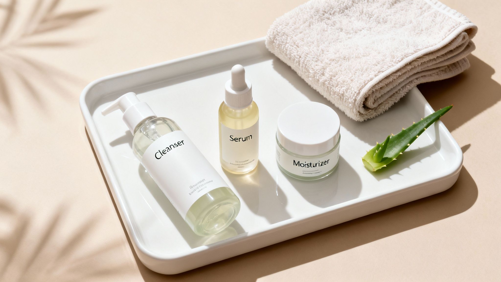 A white tray holds natural vegan skincare products: cleanser, serum, moisturizer, a towel, and an aloe vera leaf.